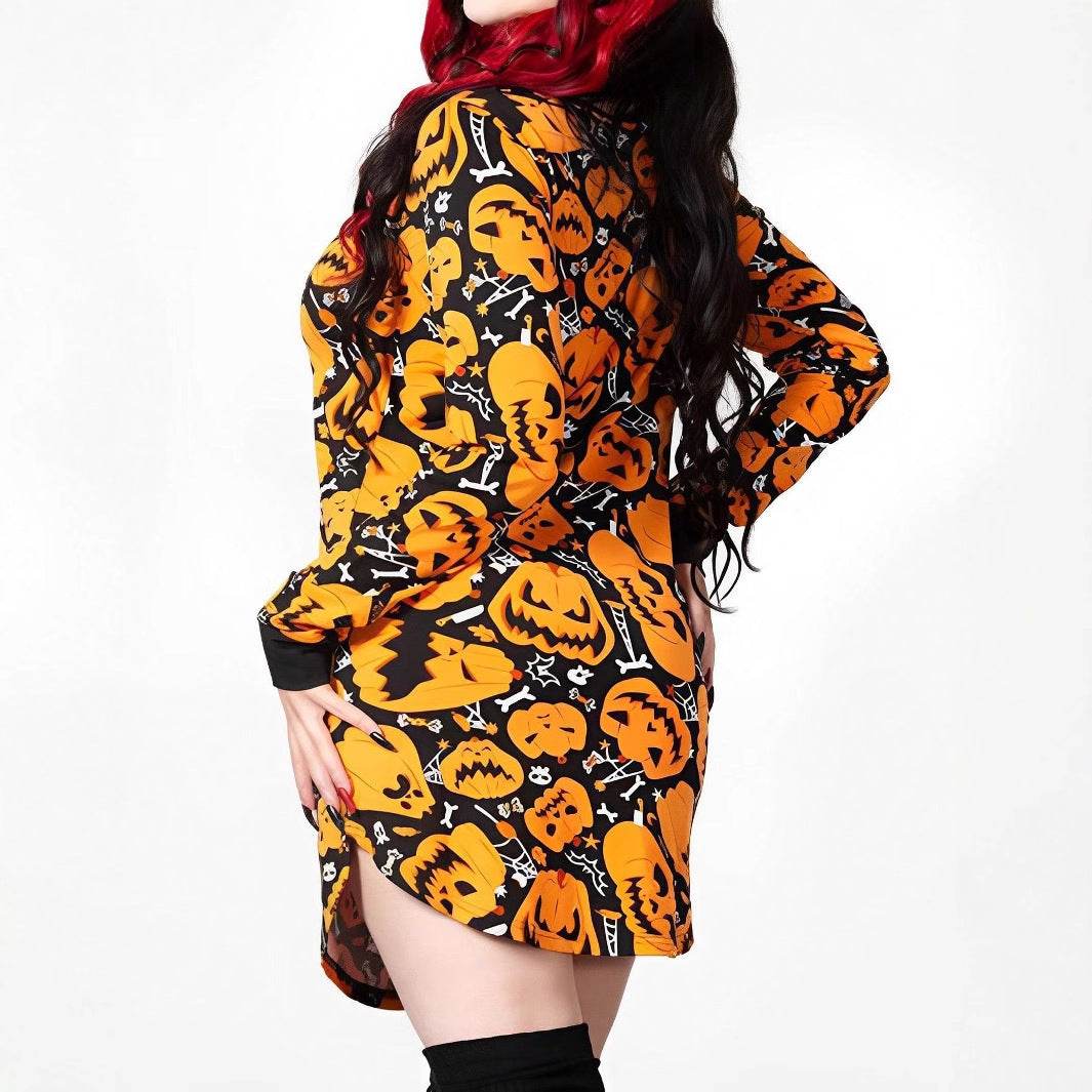 Halloween Printed Round Neck Long Sleeve Plus Size Dress EX-STOCK