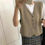 Women Sleeveless V-neck Button Down Knitted Vest Cardigan - EX-STOCK CANADA