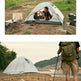 A two-panel lifestyle image showcasing a light gray dome camping tent. The top panel shows a man sitting inside the tent at a grassy campsite, while the bottom panel shows a hiker with a backpack and trekking poles standing on a rocky shore nearby.