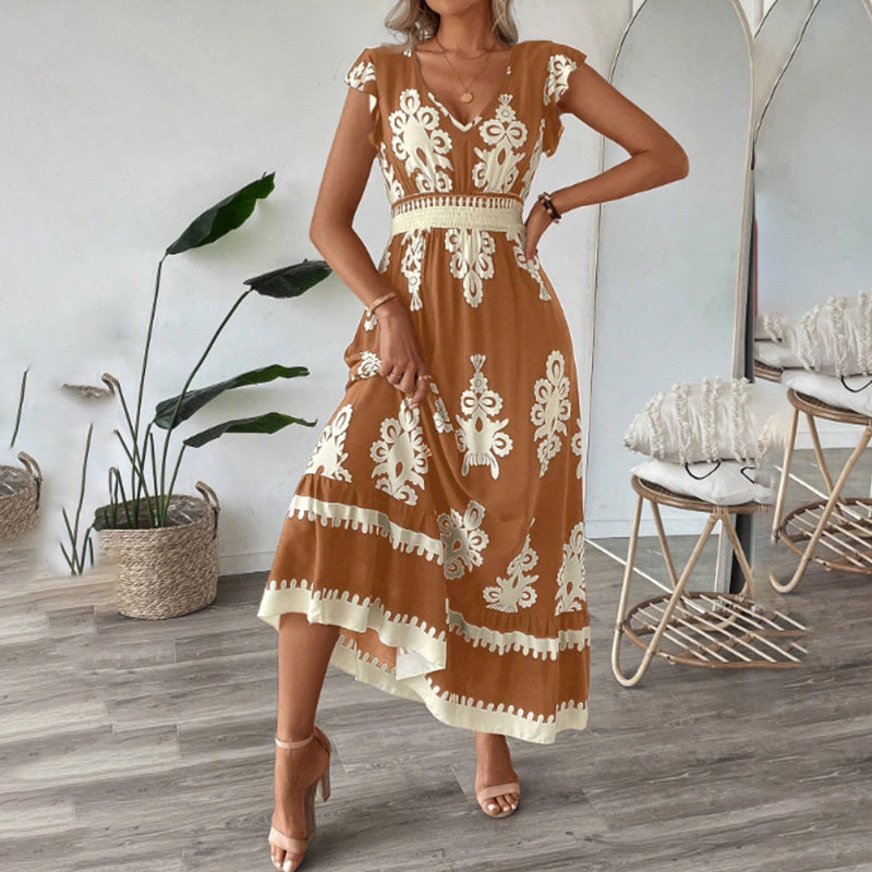 Women's Summer Flowy Maxi Dress Casual Cap Sleeve V Neck Smocked Waist Beach Sundress EX-STOCK