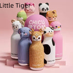 Collection of animal-themed bottles with 'Chicu Tom' branding on a pink background