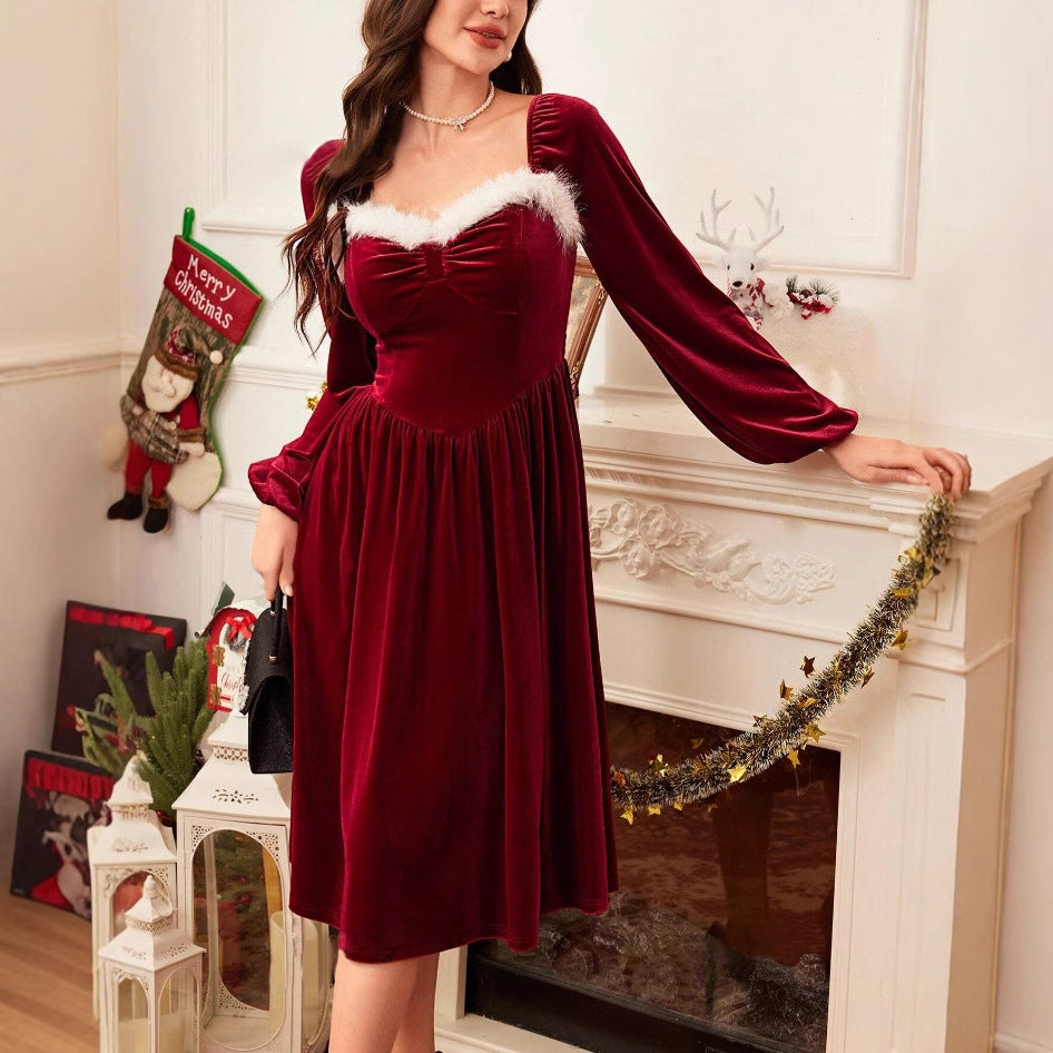 Women's Vintage Christmas Party Long Sleeve Red Velvet Dress Square Collar Dress Elegant Slimming Waist Autumn Women's Clothing EX-STOCK Canada 
