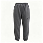 Dark gray jogger-style pants with an elastic waistband, tapered legs, elastic cuffs, and a zippered side pocket, shown against a plain white background.