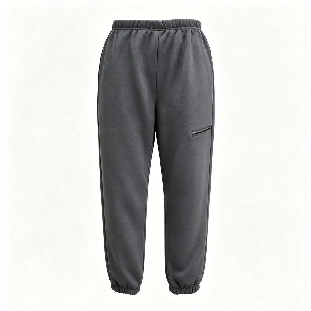 Dark gray jogger-style pants with an elastic waistband, tapered legs, elastic cuffs, and a zippered side pocket, shown against a plain white background.