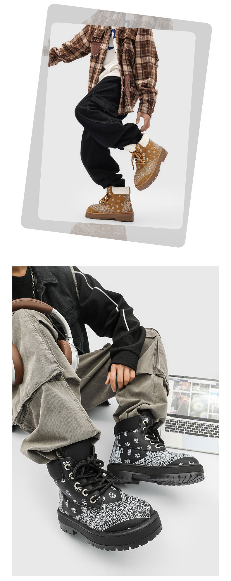 A collage showing two different pairs of chunky lace-up boots worn by a model. The top photo shows tan boots with a brown plaid shirt and black pants.