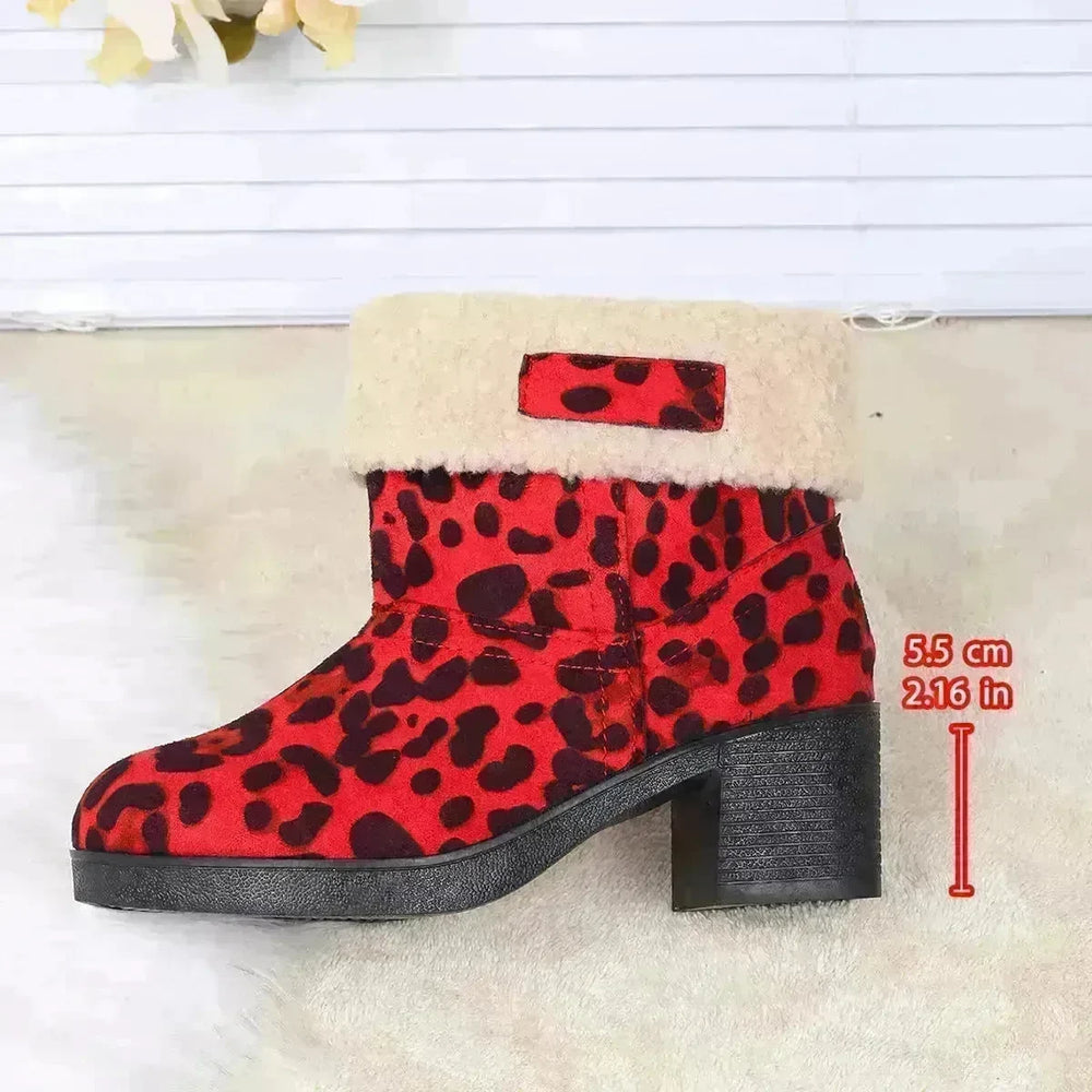 New Foldable Leopard Print Mid-calf Boots Winter Warm Fleece Thick Square Heels Boot For Women Fashion Round-toed Cotton Shoes - EX-STOCK CANADA