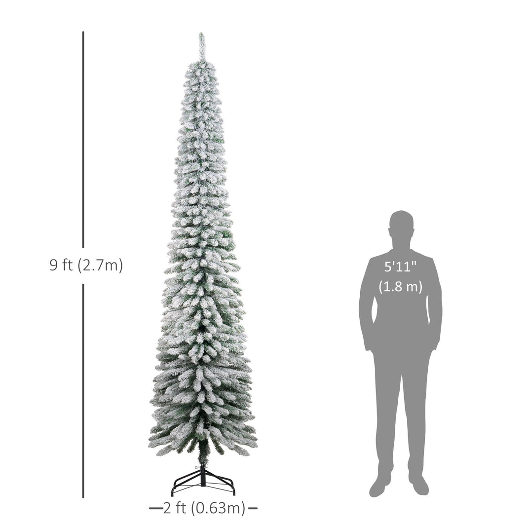 9ft Snow-Flocked Artificial Christmas Tree, Slim Pencil Xmas Tree With 714 Realistic Branches, Metal Base, Green EX-STOCK Canada 