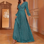 Elegant Dinner Sequined Long Sleeve V-neck High Waist Evening Dress EX-STOCK Canada 