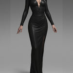 Women's Black Deep V-Neck Backless Maxi Dress – Wet Look Long Sleeve Bodycon | Party & Evening | Sizes XS–XL