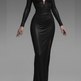 A model wearing a long-sleeved, black faux-leather maxi dress with a plunging V-neckline and a thigh-high slit, set against a neutral gray studio background.
