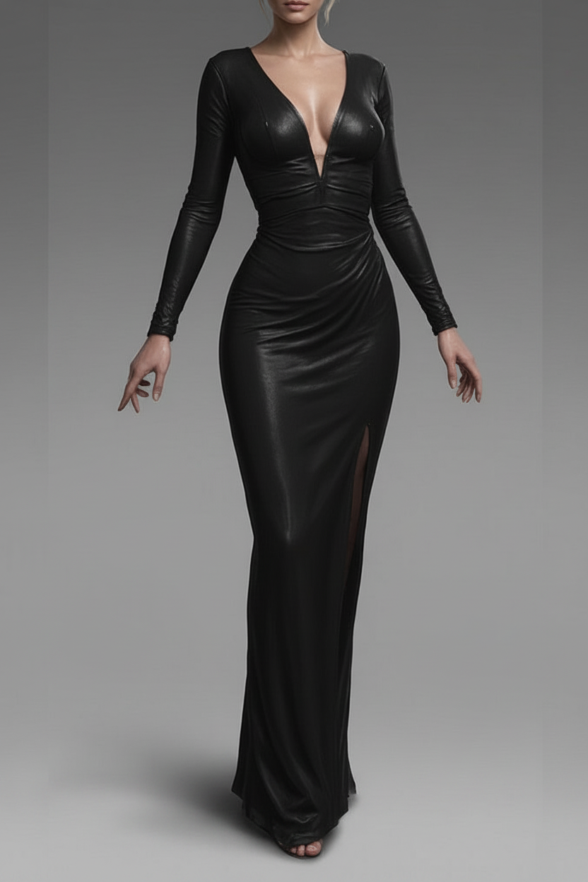 A model wearing a long-sleeved, black faux-leather maxi dress with a plunging V-neckline and a thigh-high slit, set against a neutral gray studio background.