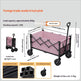 A pink foldable utility cart with black frame and wheels, shown on a light gray background with measurement labels, product specs, material callouts, and a folded size reference.