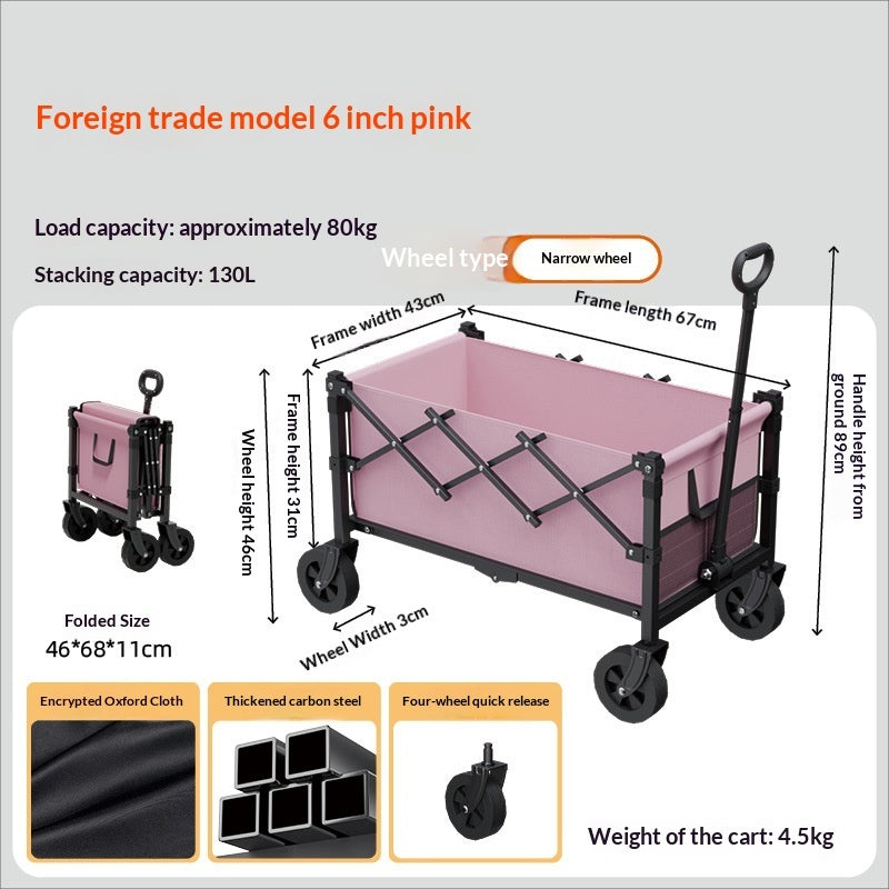 A pink foldable utility cart with black frame and wheels, shown on a light gray background with measurement labels, product specs, material callouts, and a folded size reference.