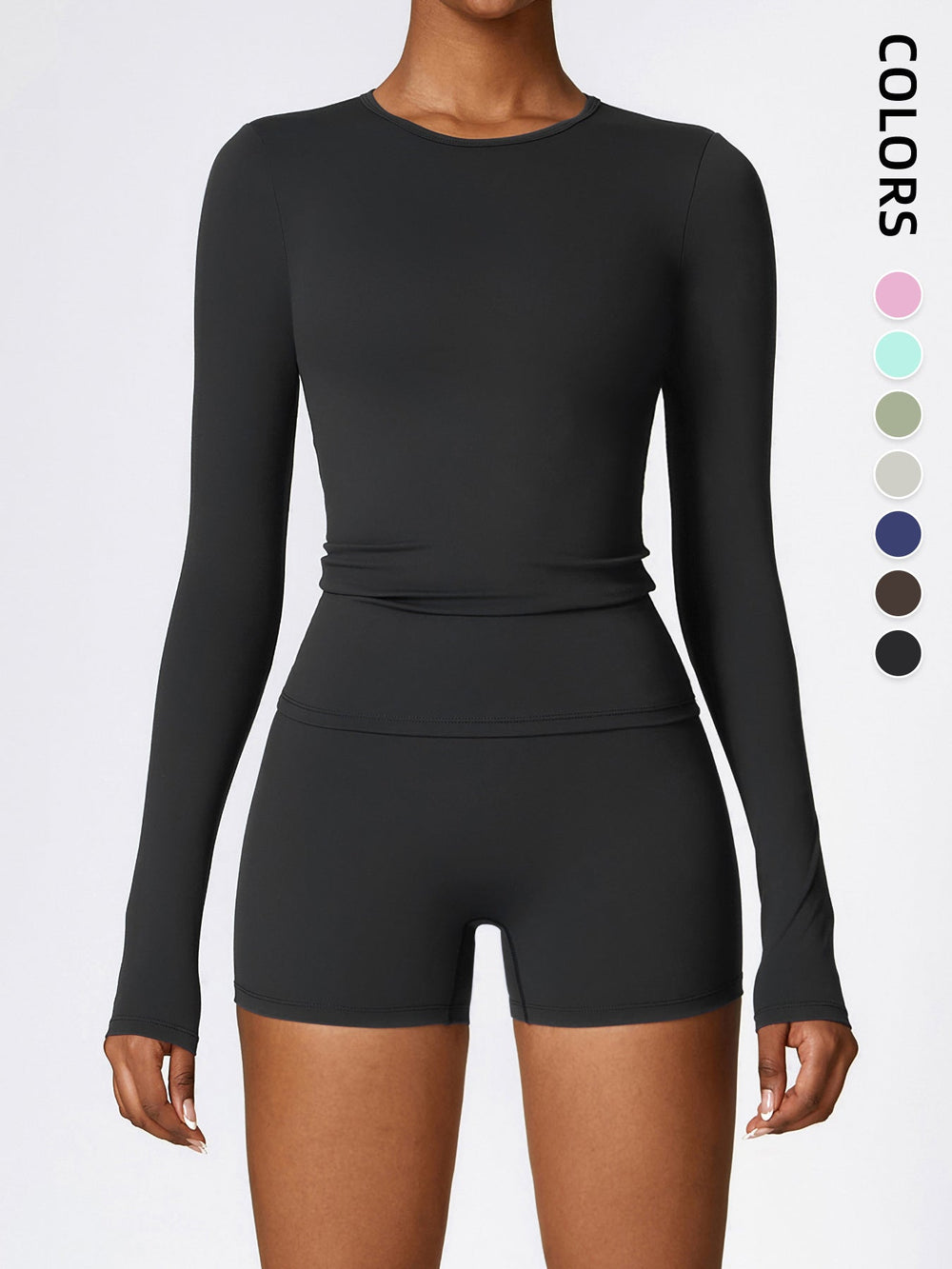 Women's Four Seasons Sports Suit, Women's Long Sleeve Round Neck Sports T-shirt And High Waist Tight Shorts Yoga Suit. EX-STOCK