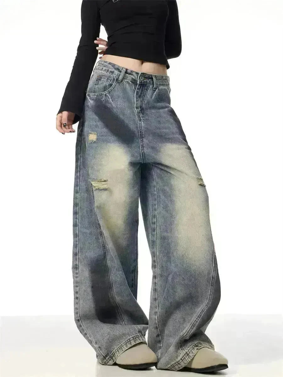 Splash Ink Ripped Machete Baggy Jeans Pant For Women Loose-fitting Wide-leg Trousers - EX-STOCK CANADA
