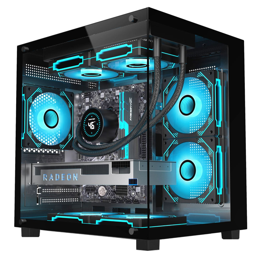 Computer case with blue LED lighting on a white background