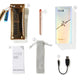 Packing list with various items including a pen, packaging, and accessories on a white background.