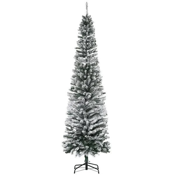 7.5ft Flocked Christmas Tree, Pencil Christmas Tree With Realistic Branch Tips, Folding Metal Stand, Green EX-STOCK Canada 