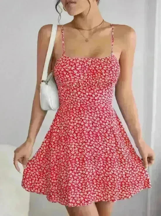 Women Fashion Printed Casual Spaghetti Strap Backless Mini Skater Dress - EX-STOCK CANADA