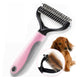 Pet grooming brush with pink handle and metal bristles, inset showing use on a dog.