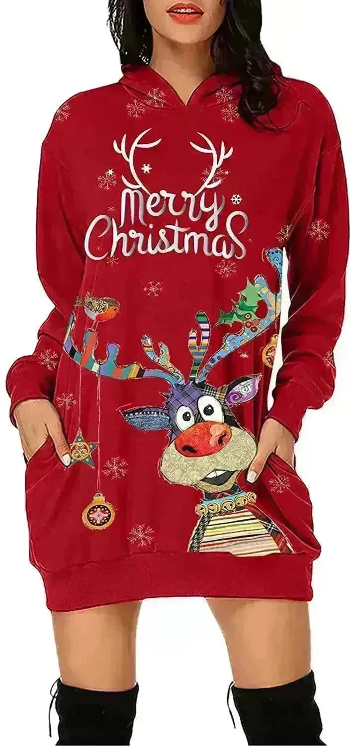 Women's Long-sleeved Christmas Hoodie Sweatshirt Dress Winter - EX-STOCK CANADA
