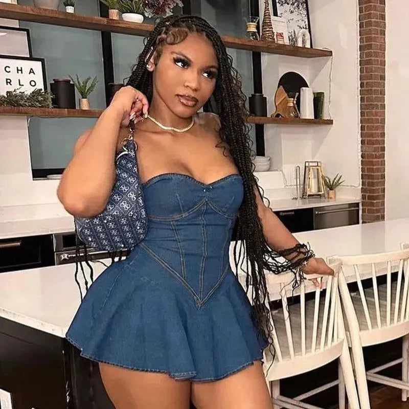 Fashion Tube Top Denim short mini Dress for Club - EX-STOCK CANADA