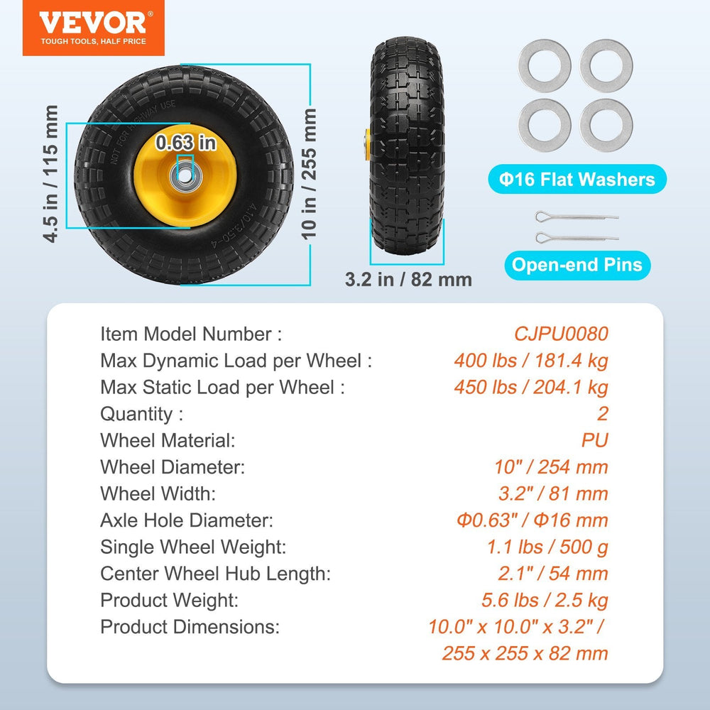 Solid PU Run-Flat Tire Wheel, 2-Pack, 400 Lbs Dynamic Load, 450 Lbs Static Load, Flat Free Tubeless Tires And Wheels For Hand Truck, Utility Cart, Dollies, Garden Trailers, Various Carts EX-STOCK