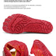 Red athletic shoe sole shown from multiple angles with marketing text about flexible rubber and five-finger anti-collision design. A hand is holding one shoe in the lower left.