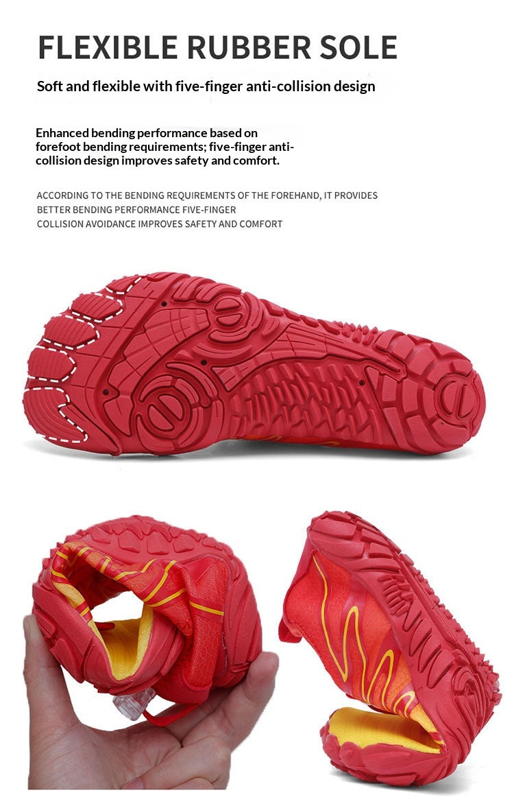 Red athletic shoe sole shown from multiple angles with marketing text about flexible rubber and five-finger anti-collision design. A hand is holding one shoe in the lower left.