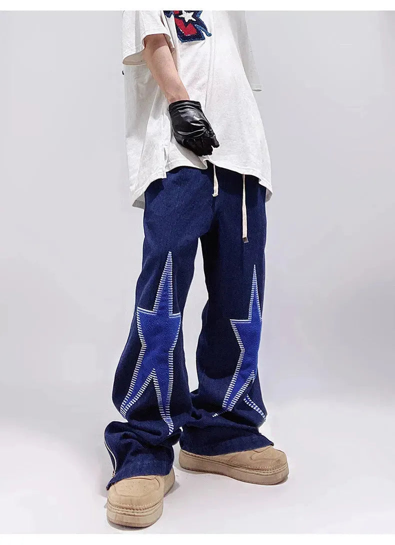 Five-pointed Star Embroidery Denim Horn Loose Straight Casual All-match Mop Jeans Baggy Trousers Men - EX-STOCK CANADA