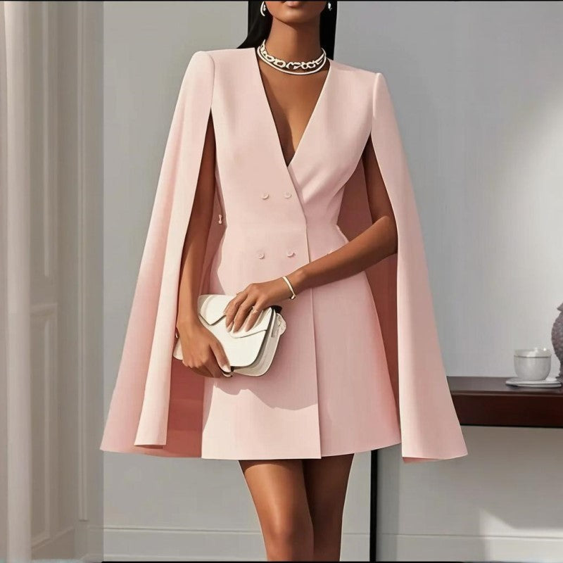 Women's Elegant Solid Color V Neck Double-Breasted Cape Blazer Dress Spring & Summer Party Banquet Outfit EX-STOCK
