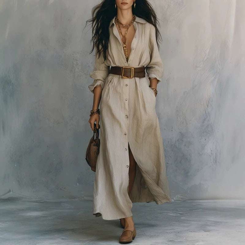 V-Neck Long Shirt Dress for Women – Cotton Linen A-Line Maxi Dress Canada USA