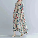 Plus Size Loose Panel Cotton Linen Print Short Sleeve Mum Maxi Dress