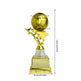 Gold soccer ball trophy on a star-shaped base with dimension markings showing height, base width, and top ball width on a white background.
