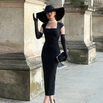 Women's Black Square Neck Midi Wrap Dress with Opera Gloves – Elegant Slim Fit 4