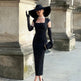 Women's Black Square Neck Midi Wrap Dress with Opera Gloves – Elegant Slim Fit 4