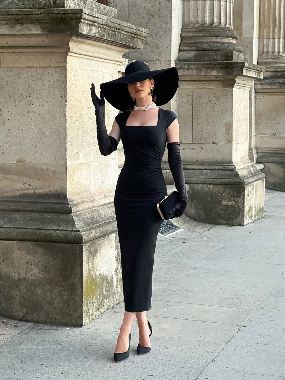Women's Black Square Neck Midi Wrap Dress with Opera Gloves – Elegant Slim Fit 4