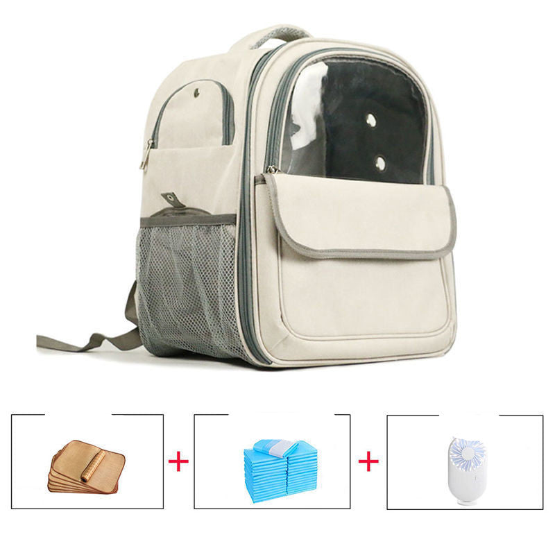 Beige backpack with clear front panel on a white background