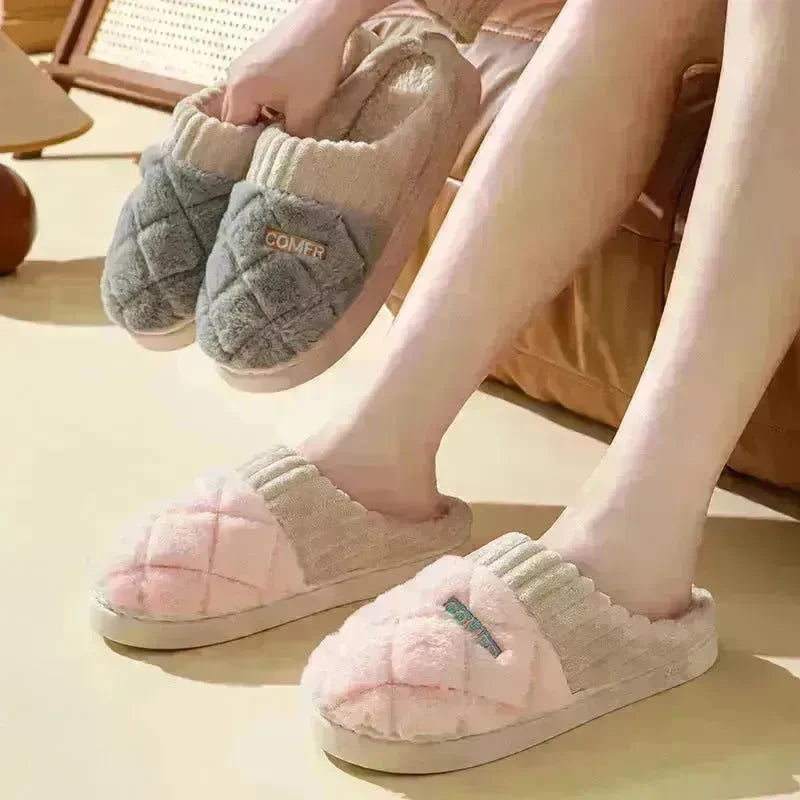 Solid Rhombic Letter Home Slippers Winter Warm Non-slip Floor Bedroom Plush Slipper For Couple House Shoes Women Men - EX-STOCK CANADA
