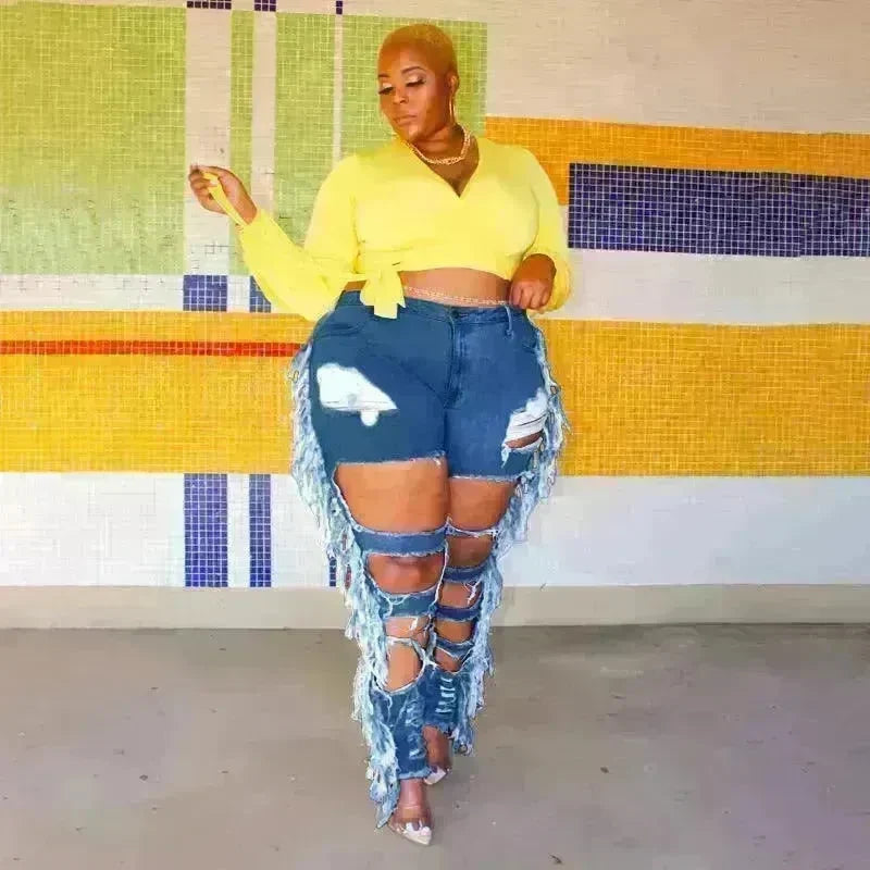 Adogirl Plus Size Side Tassel Holes Jeans Pencil Pants Women Sexy Distressed Hollow Out Tight Denim Trousers Fashion Streetwear - EX-STOCK CANADA