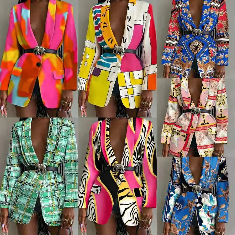 Fashion Printed Shawl Collar Single-breasted Belt Vintage Blazer Women - EX-STOCK CANADA