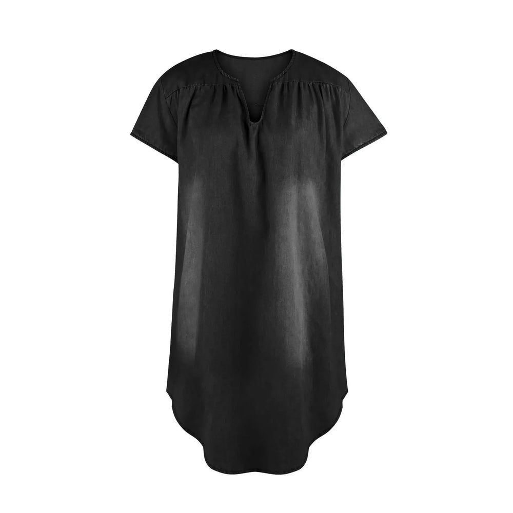Round Neck Pleated Loose Solid Color Casual Plus Size Denim Dress - EX-STOCK CANADA