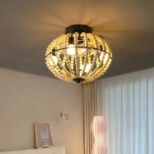 Beaded Fan Lamp Wooden Beaded Chandelier Oak White - EX-STOCK CANADA