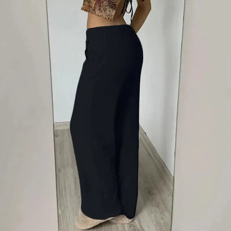 Pure Color Minimal Versatile Sports Style Low Waist Lace-up Draping Mop Straight-leg Trousers - EX-STOCK CANADA