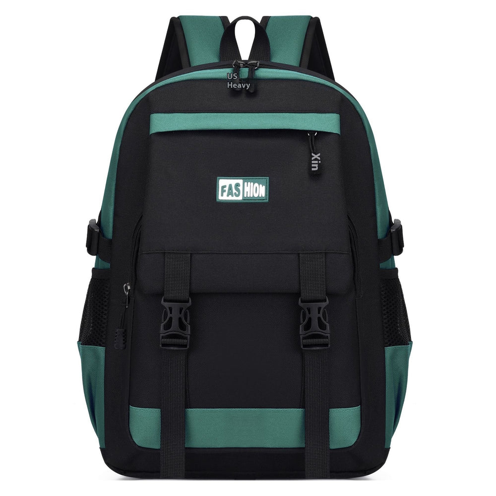 Black and green backpack with 'Fashion' label on a white background