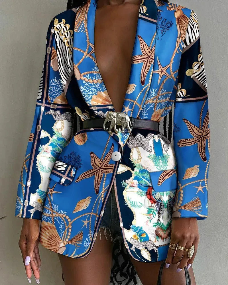 Fashion Printed Shawl Collar Single-breasted Belt Vintage Blazer Women - EX-STOCK CANADA