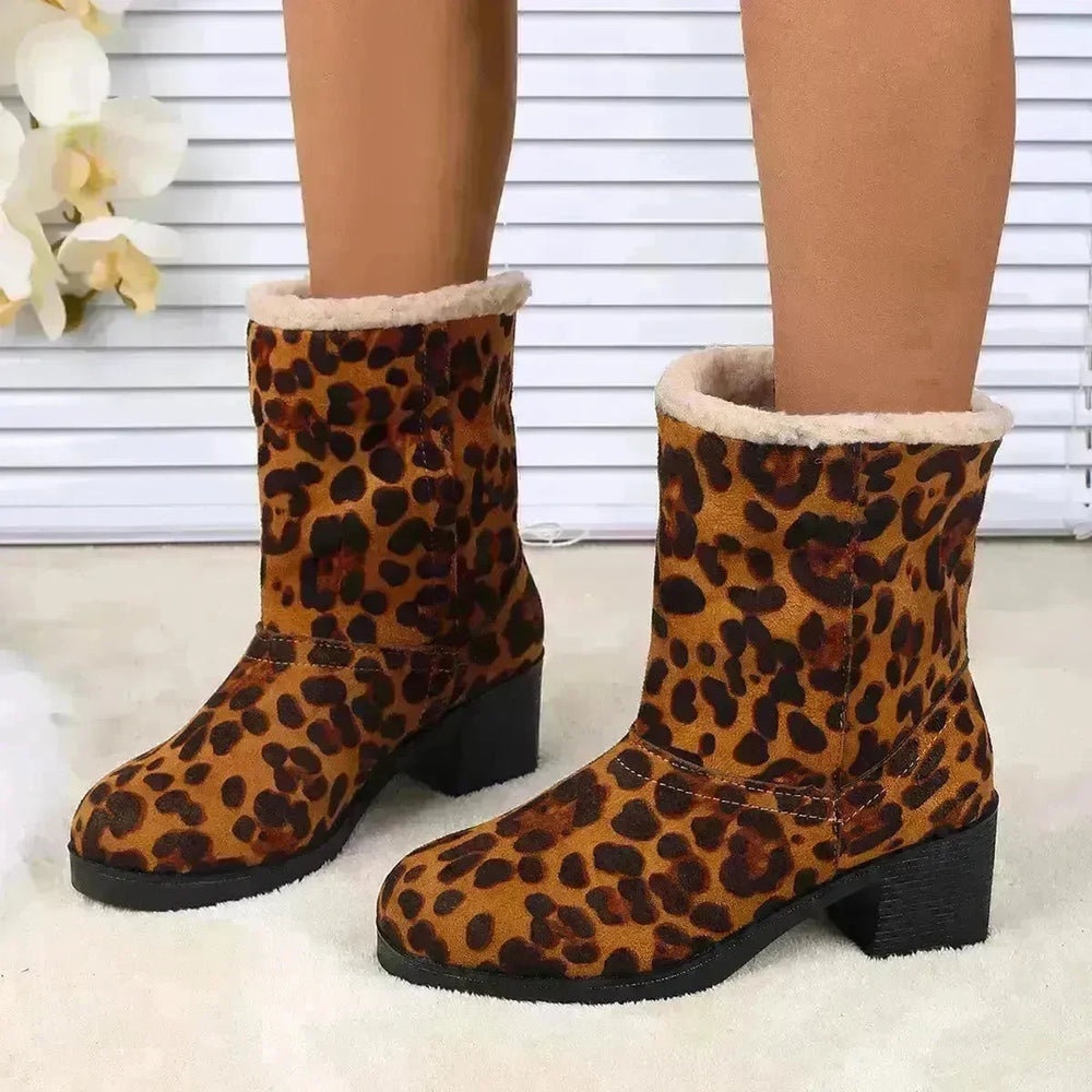 New Foldable Leopard Print Mid-calf Boots Winter Warm Fleece Thick Square Heels Boot For Women Fashion Round-toed Cotton Shoes - EX-STOCK CANADA