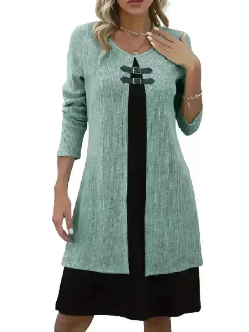 Contrast Color Buckled Round Neck Fashion Winter Sweater Dress - EX-STOCK CANADA