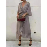 Batwing Sleeve V-neck Dress Summer Pure Color Tied Irregular Wrap Midi Dresses for Women