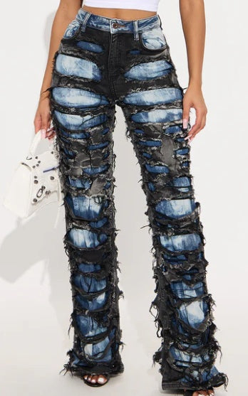 Teagan Two Tone Shredded Wide Leg Jeans - Black Combo EX-STOCK Canada 